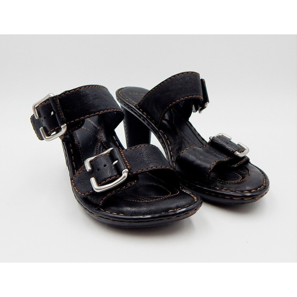 Born Arris Women's Black Leather Sandals Heeled Open Toe Buckles Size 8